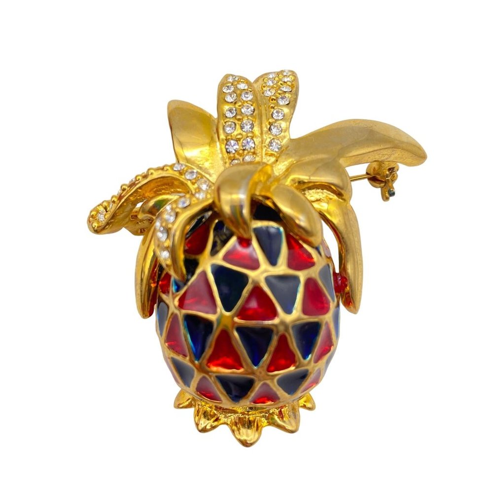 Vintage enamel triangle pineapple brooch lapel pin gold tone rhinestones